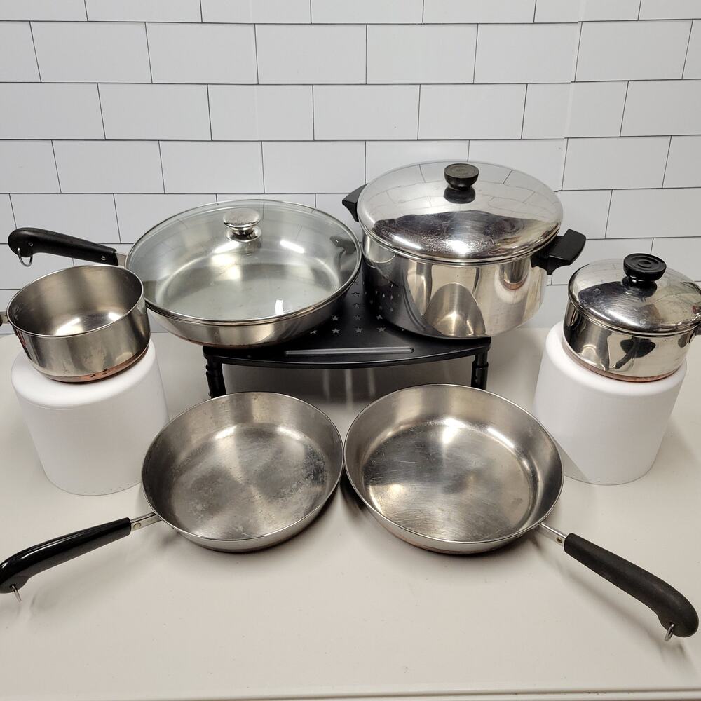 Vintage Revere Ware Copper Clad Stainless Steel Cookware Pots Pans 8 Piece Lot